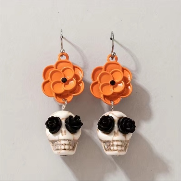 Jewelry - E006 ❤️ Halloween Skull Orange Flower Gothic Punk Dangle Drop Earrings